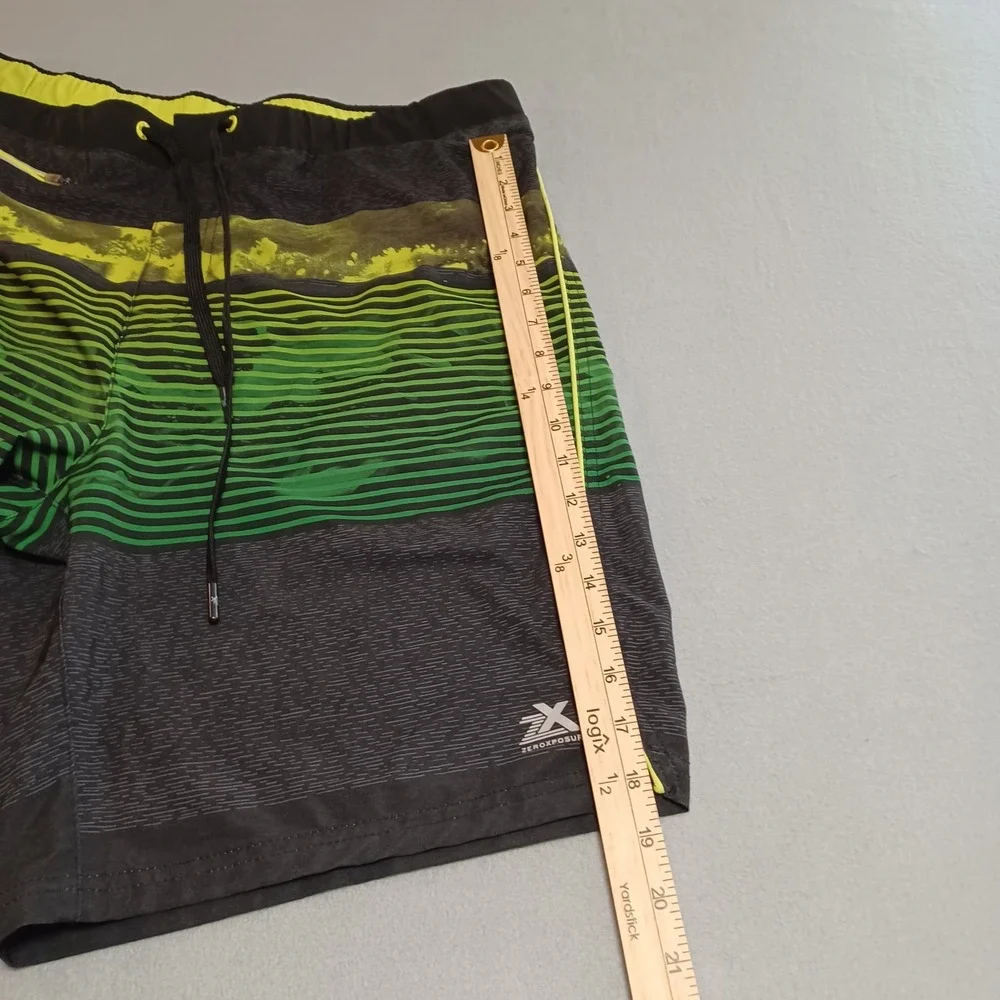 ZeroXposur Mens Board Shorts XL Black Grn Neon Striped Swim Trunks Zipper Pocket